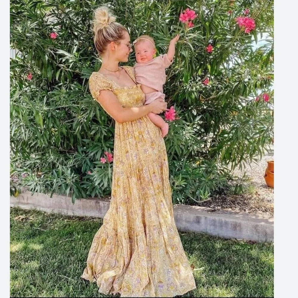 Free People getaway babydoll ruched Mustard tiered Floral Maxi Dress S